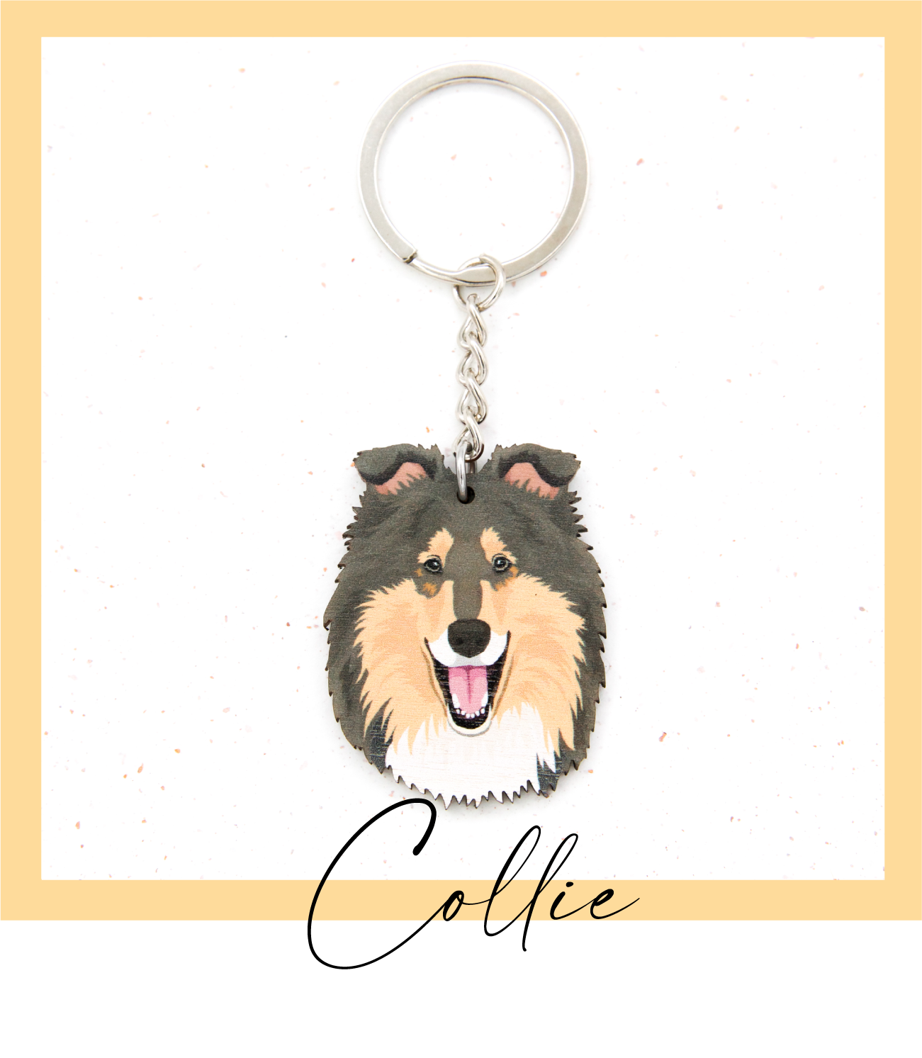 Suomalaisesta koivuvanerista ja teräksestä valmistettu tricolour collie avaimenperä