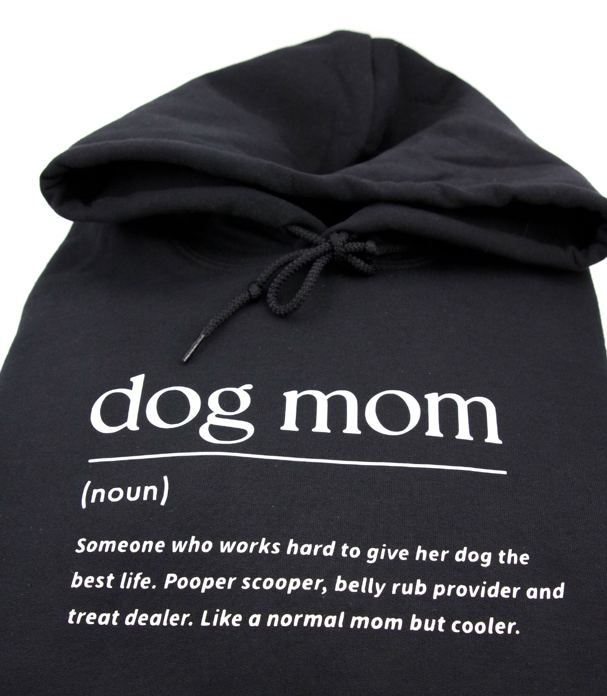 Musta käsinpainettu huppari dog mom tekstillä