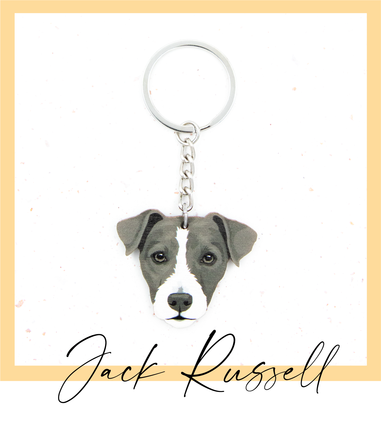 Suomalaisesta koivuvanerista ja teräksestä valmistettu mustavalkoinen jackrussellinterrieri avaimenperä