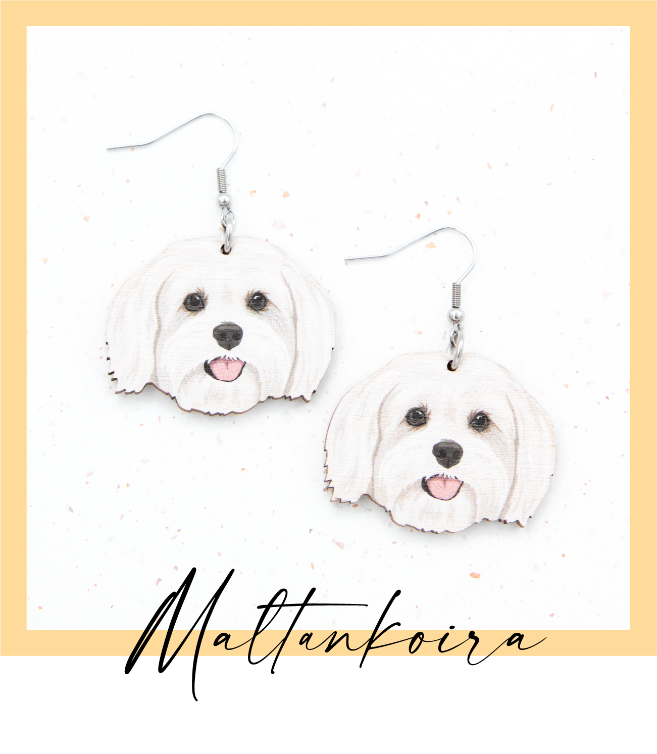 Suomalaisesta koivuvanerista ja kirurginteräksestä valmistetut roikkuvat maltankoira korvakorut