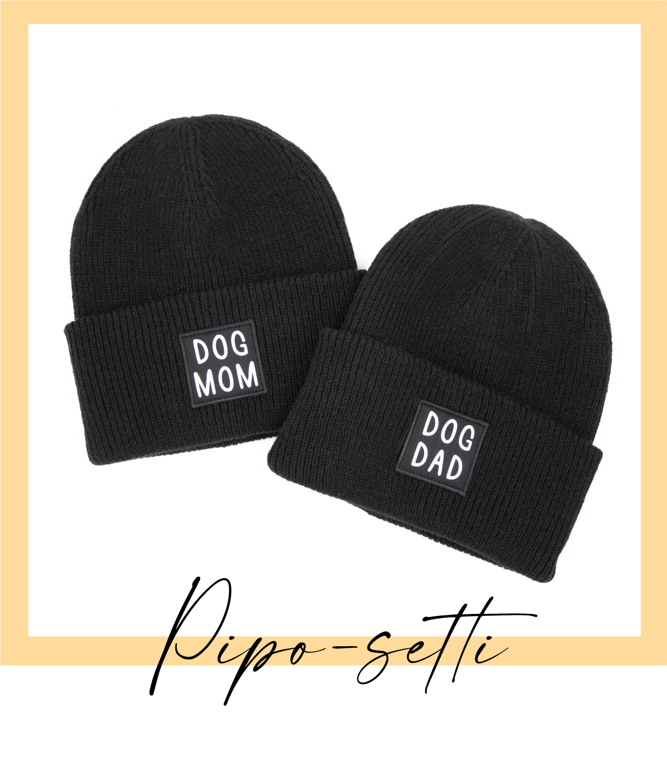 Suomessa käsinpainettu 100% kierrätysmateriaalista valmistettu dog mom pipo ja dog dad pipo