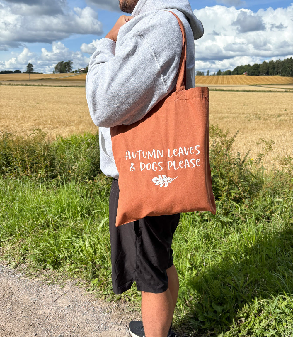 Käsinpainettu ruskea 100% puuvilla kangaskassi syksy tekstillä