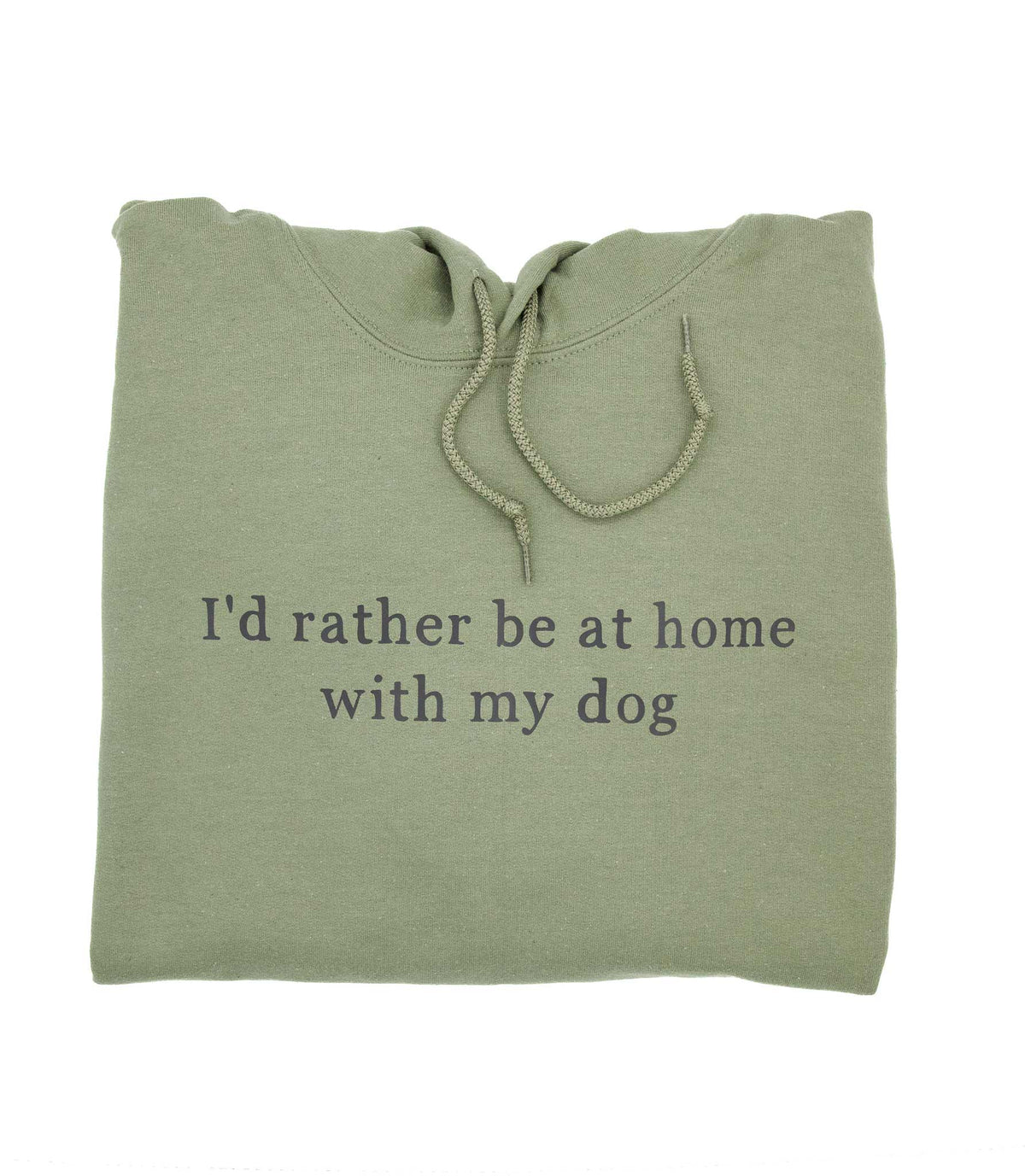 Maaston vihreä käsinpainettu huppari I'd rather be at home with my dog tekstillä