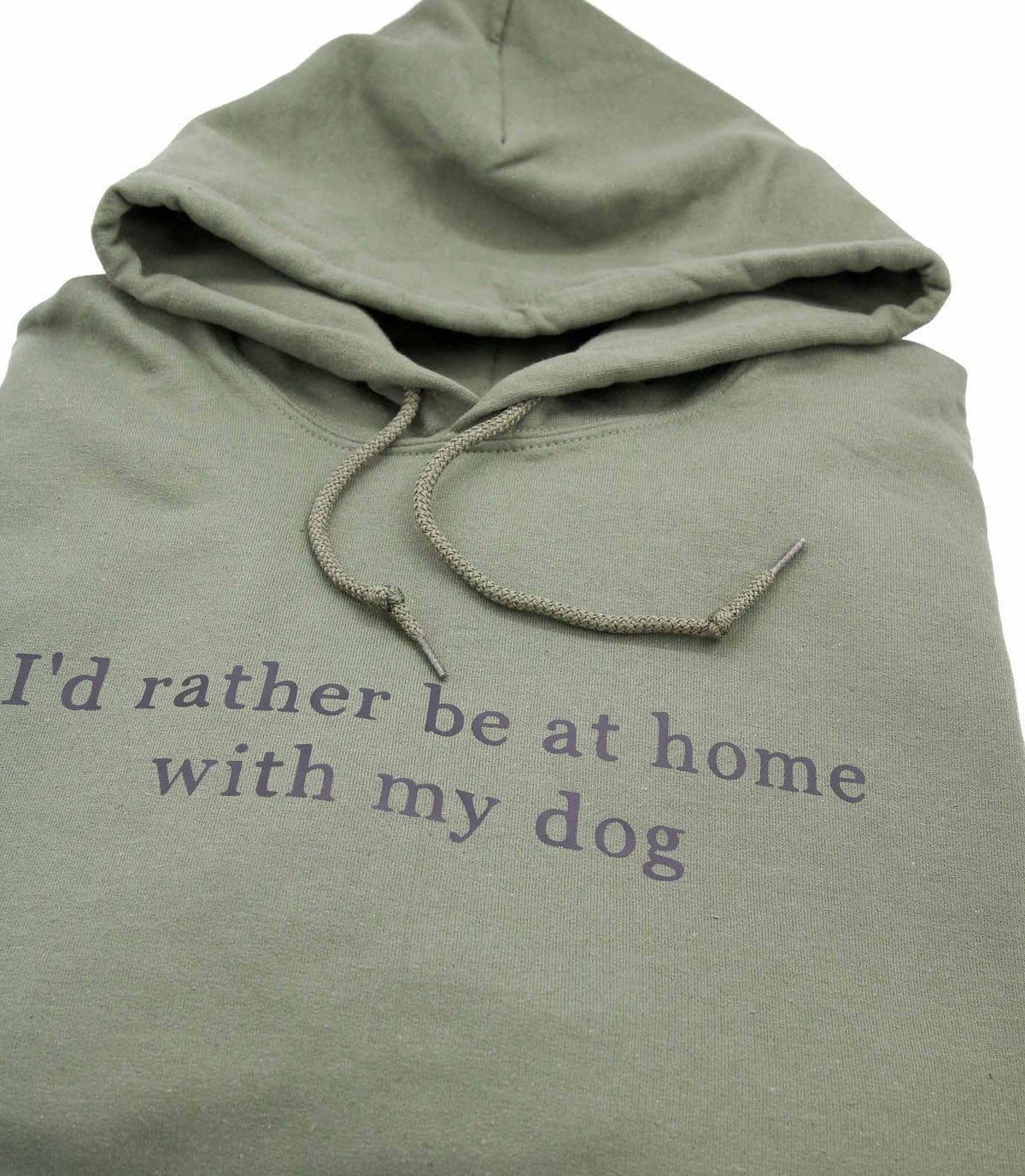 Maaston vihreä käsinpainettu huppari I'd rather be at home with my dog tekstillä