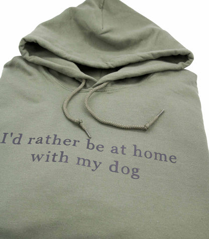 Maaston vihreä käsinpainettu huppari I'd rather be at home with my dog tekstillä