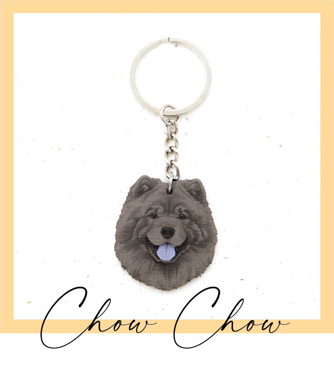 Suomalaisesta koivuvanerista ja teräksestä valmistettu musta chow chow avaimenperä