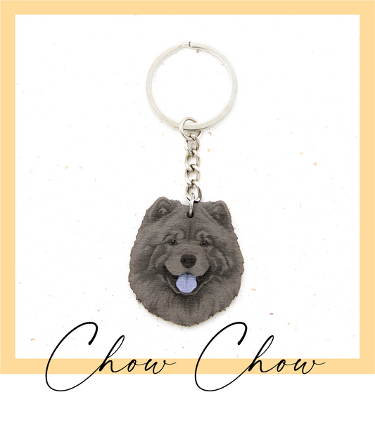 Suomalaisesta koivuvanerista ja teräksestä valmistettu musta chow chow avaimenperä