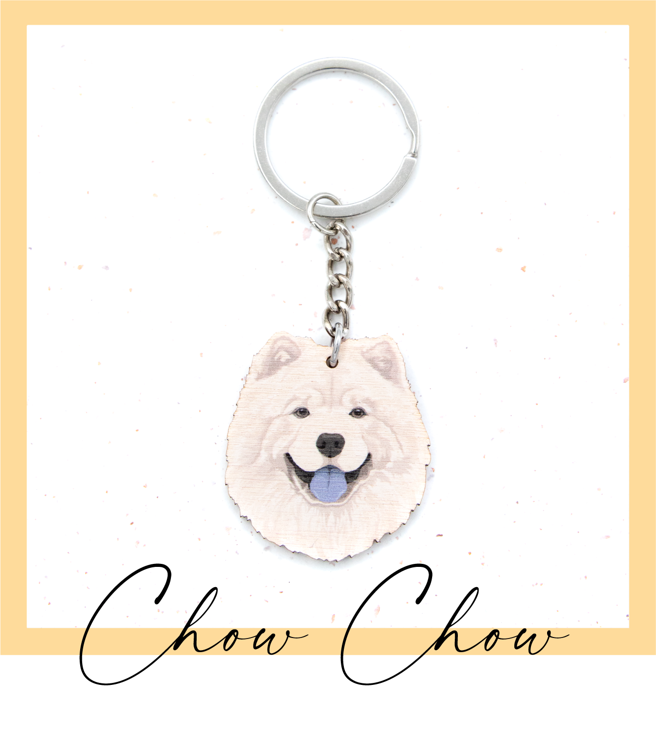 Suomalaisesta koivuvanerista ja teräksestä valmistettu valkoinen chow chow avaimenperä