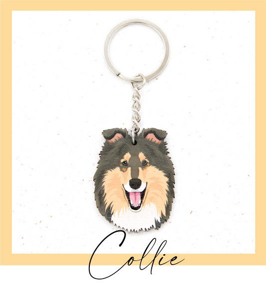 Suomalaisesta koivuvanerista ja teräksestä valmistettu tricolour collie avaimenperä