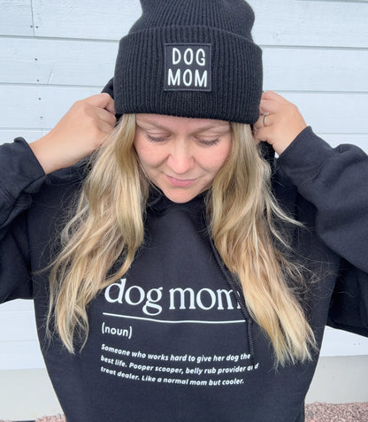 Musta huppari dog mom tekstillä