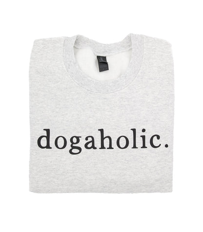 Harmaa collegepaita käsinpainetulla dogaholic tekstillä