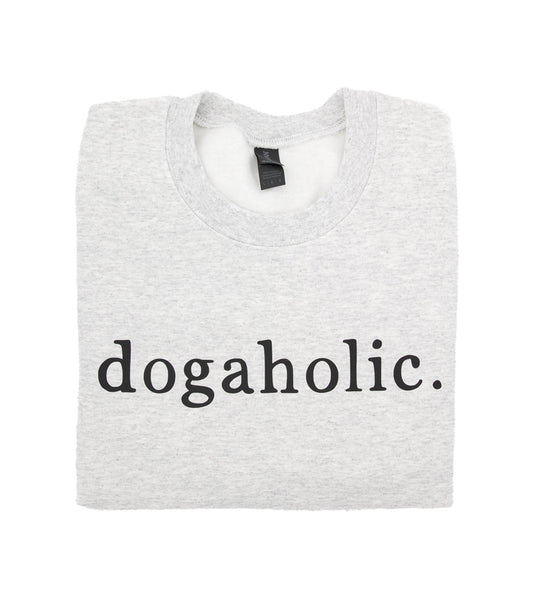 Harmaa collegepaita dogaholic tekstillä