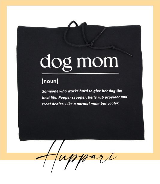 Musta huppari dog mom tekstillä