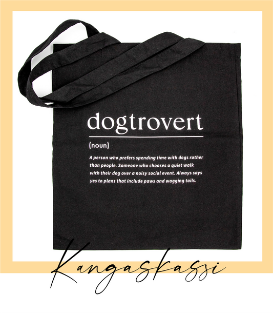 Käsinpainettu musta 100% puuvilla kangaskassi koira tekstillä