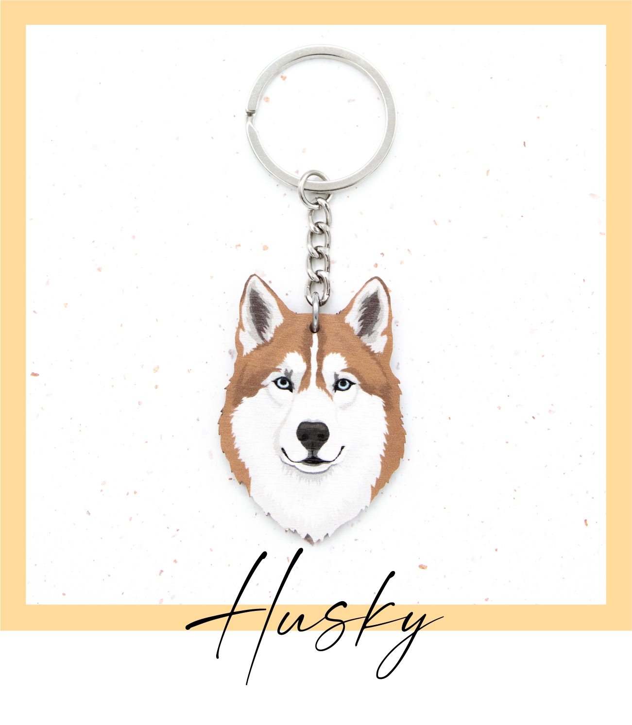 Suomalaisesta koivuvanerista ja teräksestä valmistettu ruskea siperian husky avaimenperä
