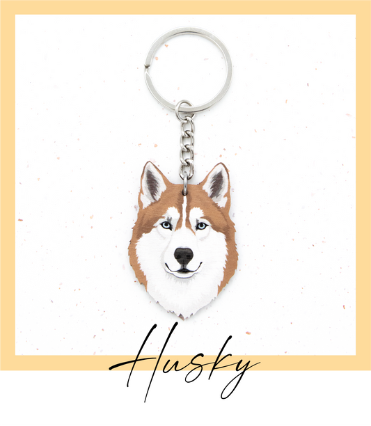 Suomalaisesta koivuvanerista ja teräksestä valmistettu ruskea siperian husky avaimenperä