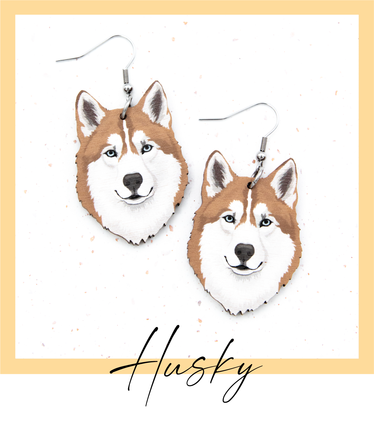 Suomalaisesta koivuvanerista ja kirurginteräksestä valmistetut roikkuvat ruskeat siperian husky korvakorut