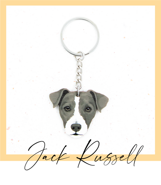 Suomalaisesta koivuvanerista ja teräksestä valmistettu mustavalkoinen jackrussellinterrieri avaimenperä