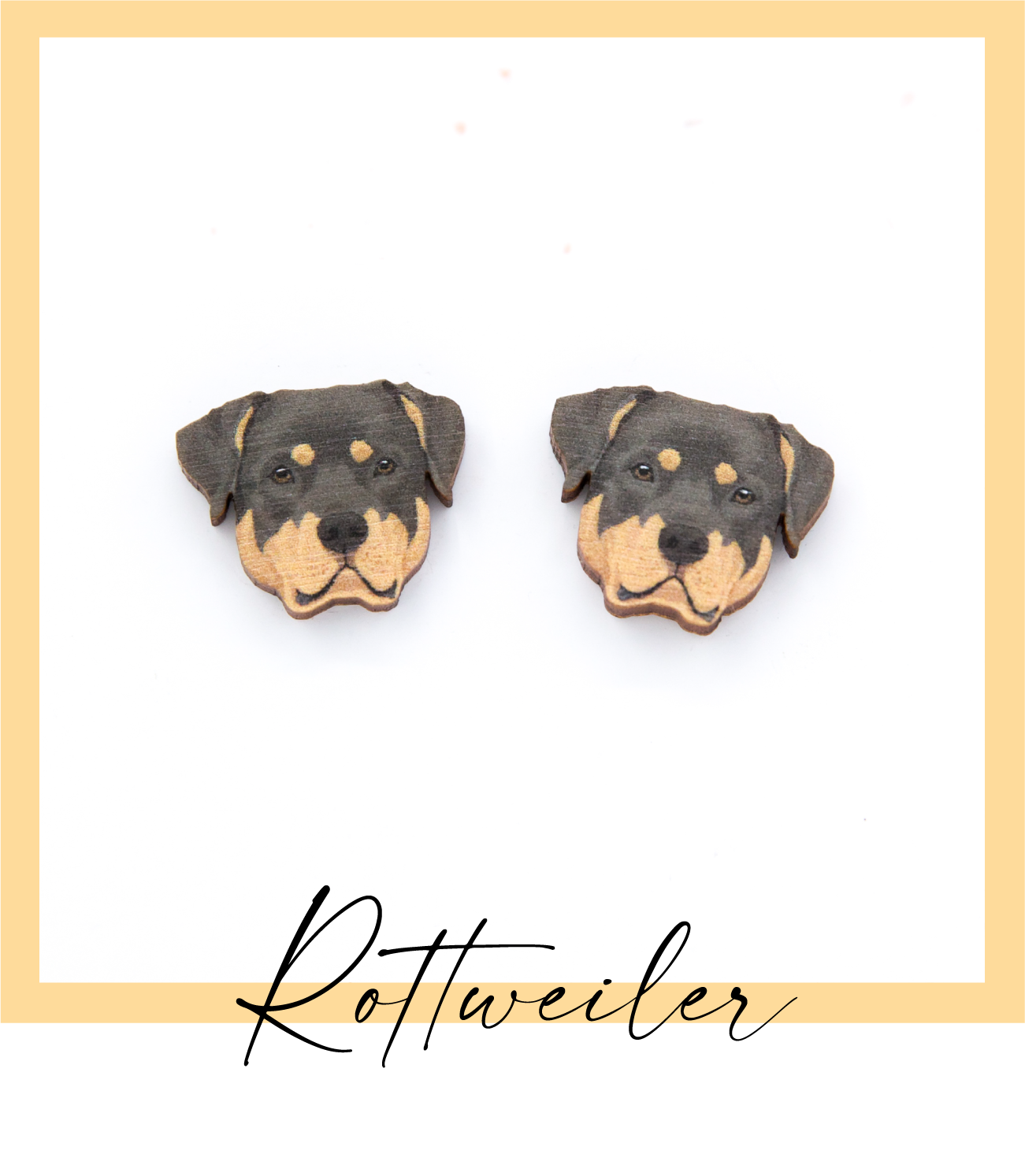 Suomalaisesta koivuvanerista ja allergiaystävällisestä kirurginteräksestä valmistetut rottweiler nappikorvakorut