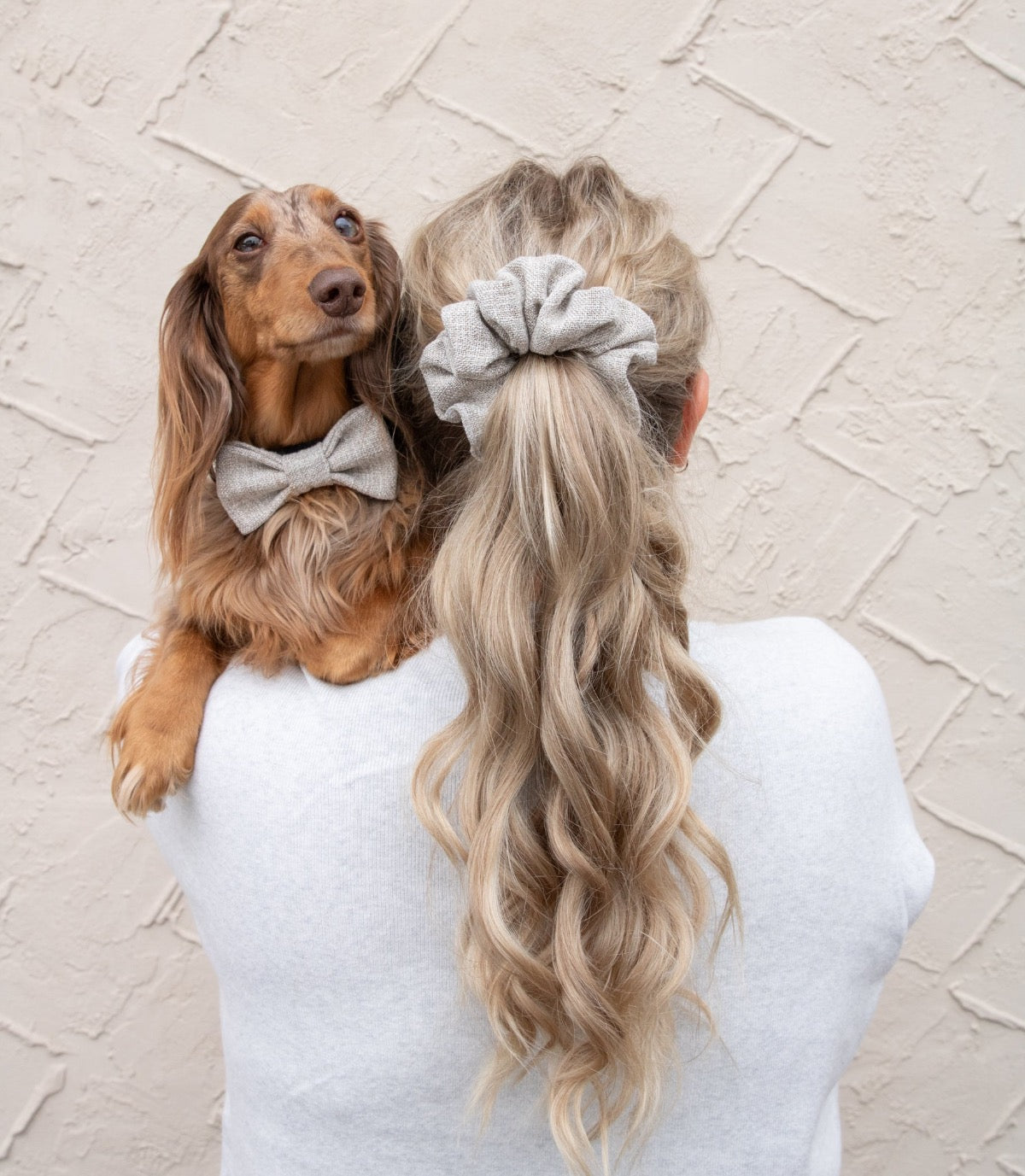 Pellavainen rusetti koiralle ja scrunchie hiusdonitsi omistajalle, yhteensopivat tuotteet koiralle ja omistajalle