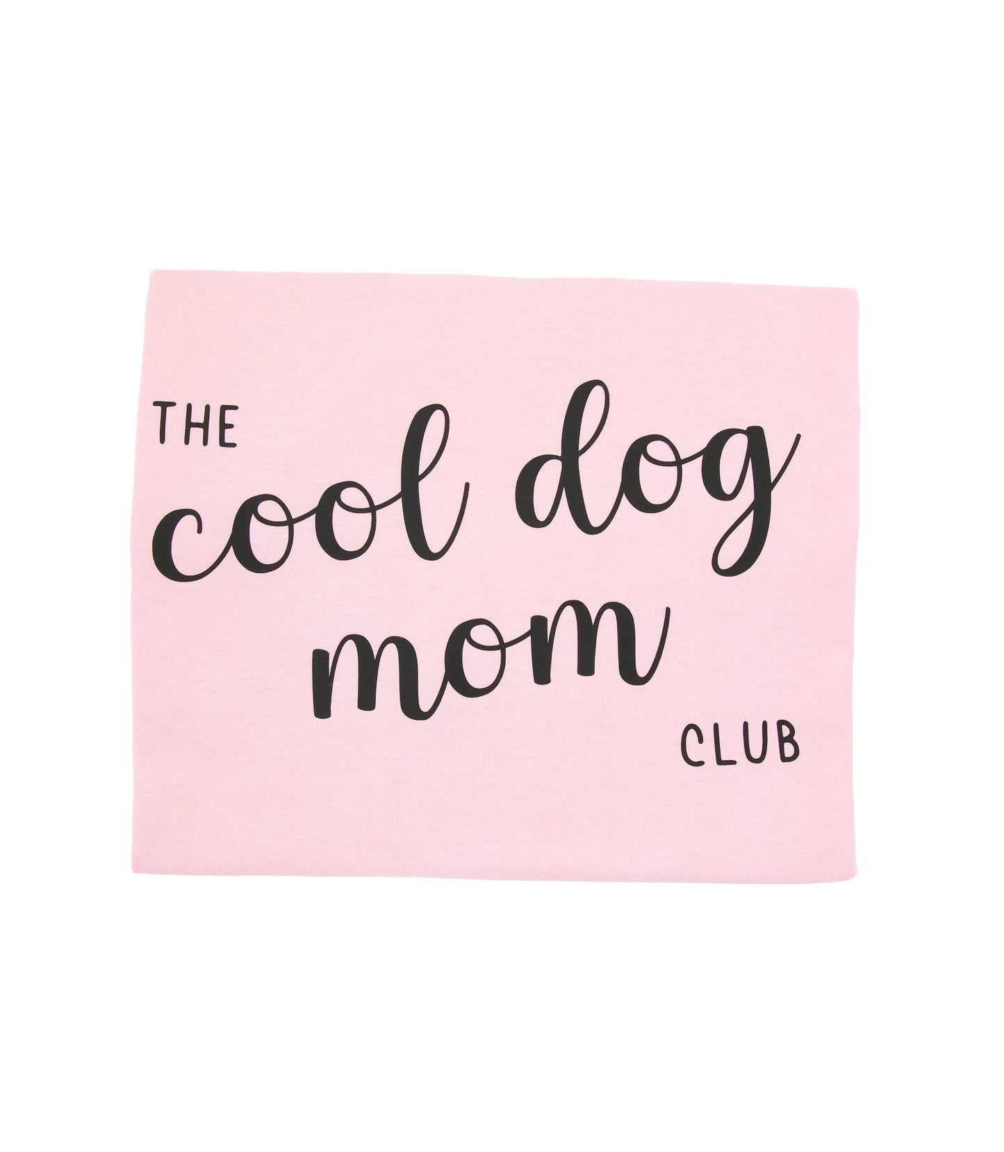 Käsinpainettu vaaleanpunainen t-paita jossa selässä teksti painatus The cool dog mom club