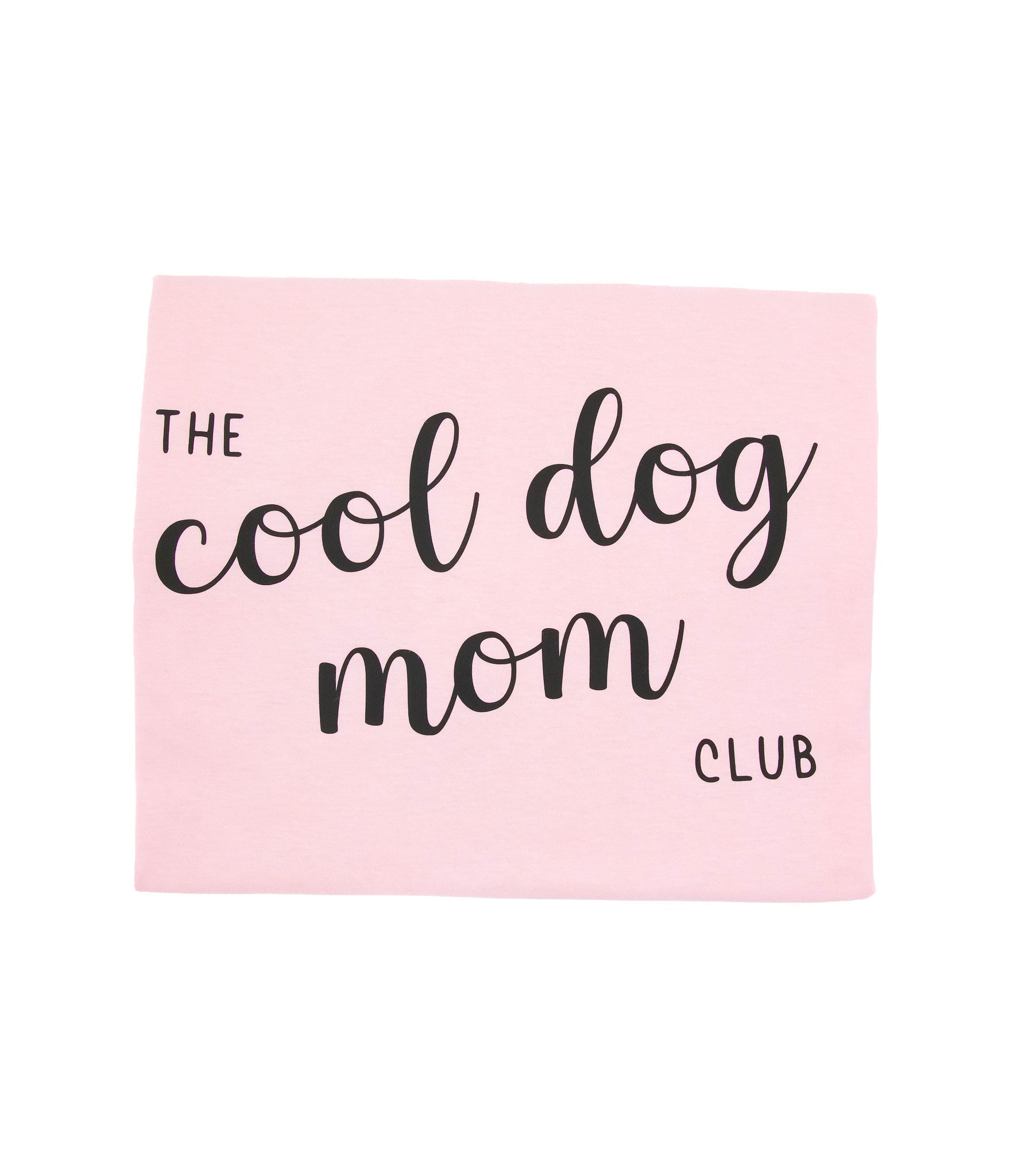 Käsinpainettu vaaleanpunainen t-paita jossa selässä teksti painatus The cool dog mom club
