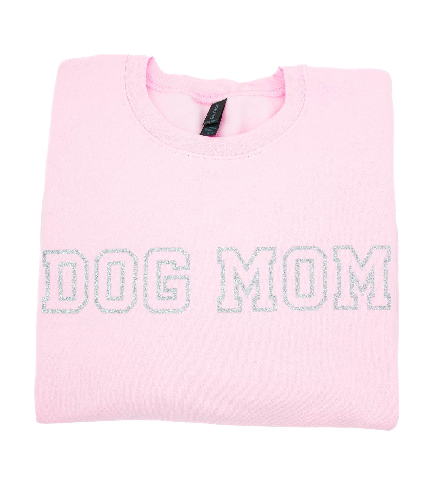 Vaaleanpunainen collegepaita hopeisella glitteri dog mom tekstillä