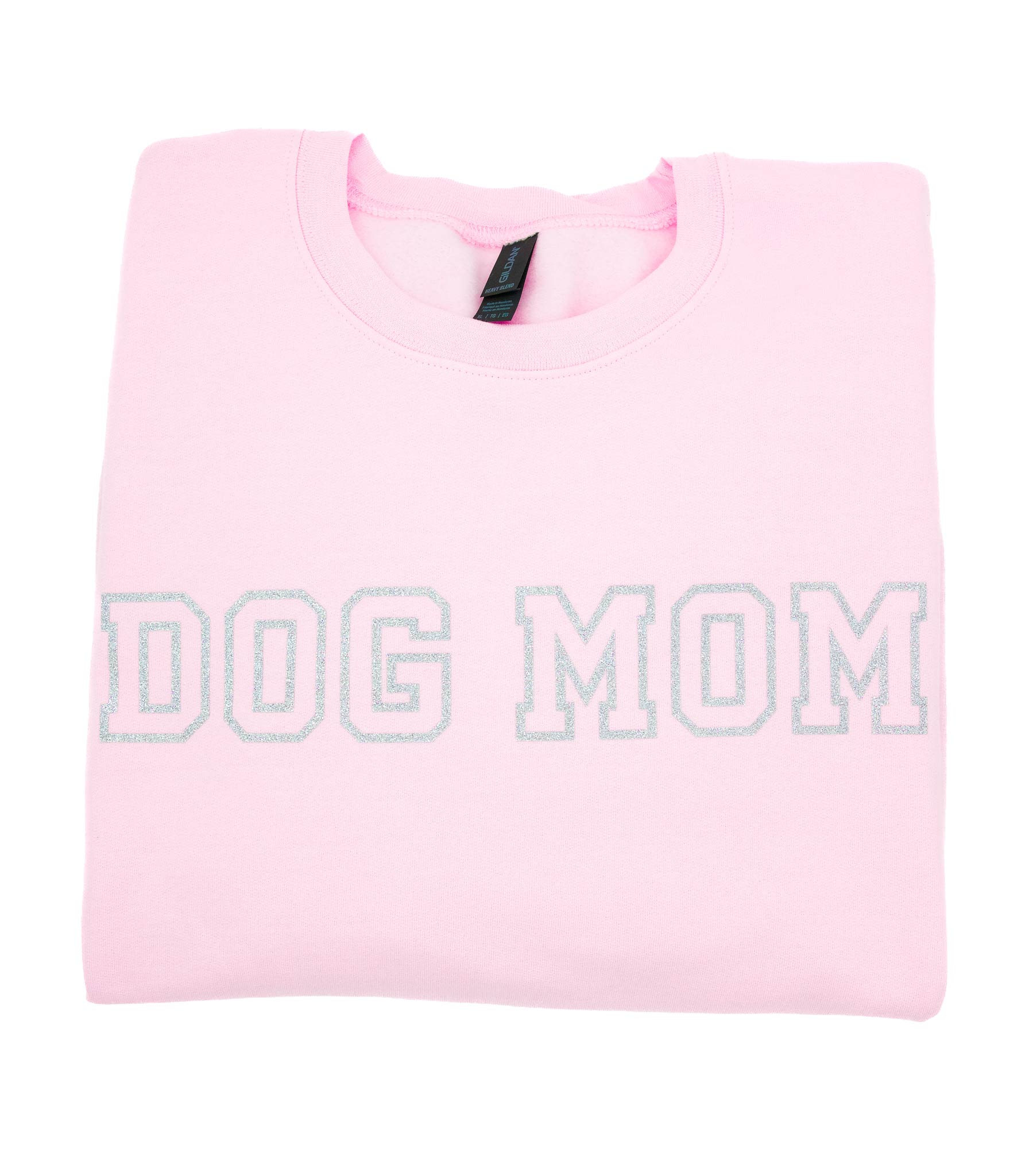 Vaaleanpunainen collegepaita hopeisella glitteri dog mom tekstillä