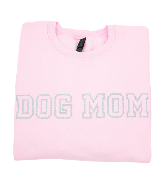 Vaaleanpunainen collegepaita hopeisella glitteri dog mom tekstillä