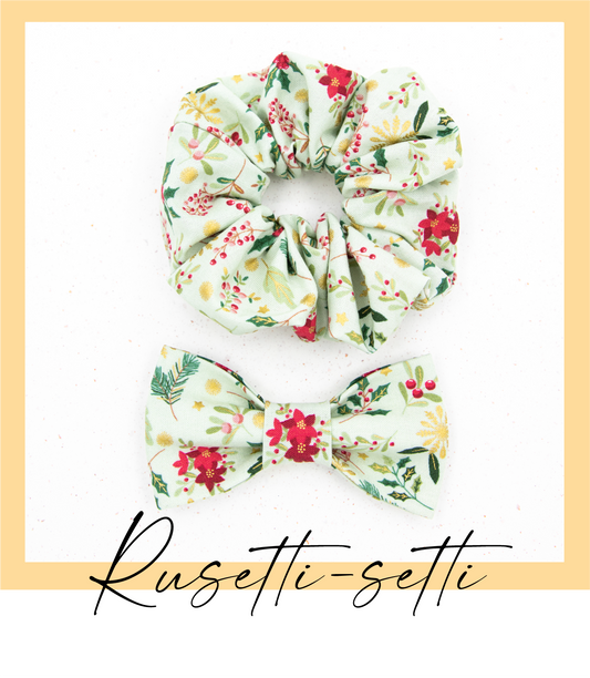 Vihreä kuviollinen joulu rusetti koiralle ja scrunchie hiusdonitsi omistajalle, yhteensopivat tuotteet koiralle ja omistajalle